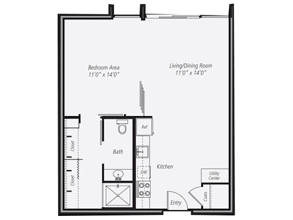 1 Bedroom 1 bathroom floorplan at Vera Cortez Hill, San Diego, 92101