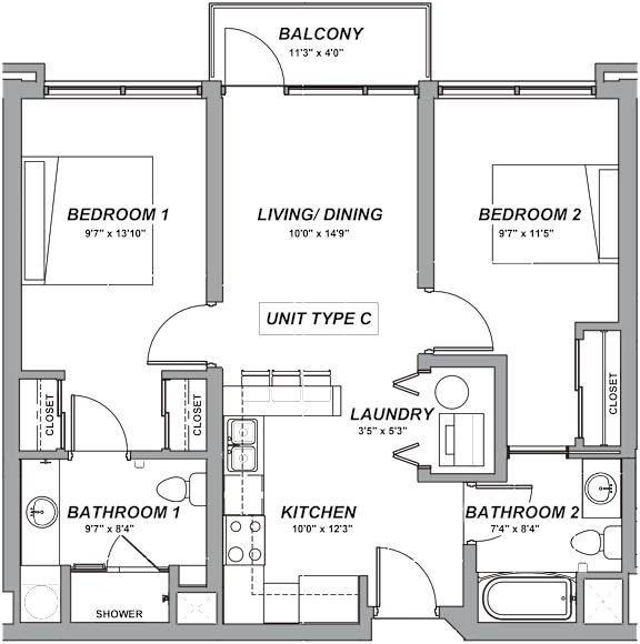 A floor plan of a Unit Type C apartment with a balcony, two bedrooms, a living/dining area, a laundry room, a kitchen, and two bathrooms.