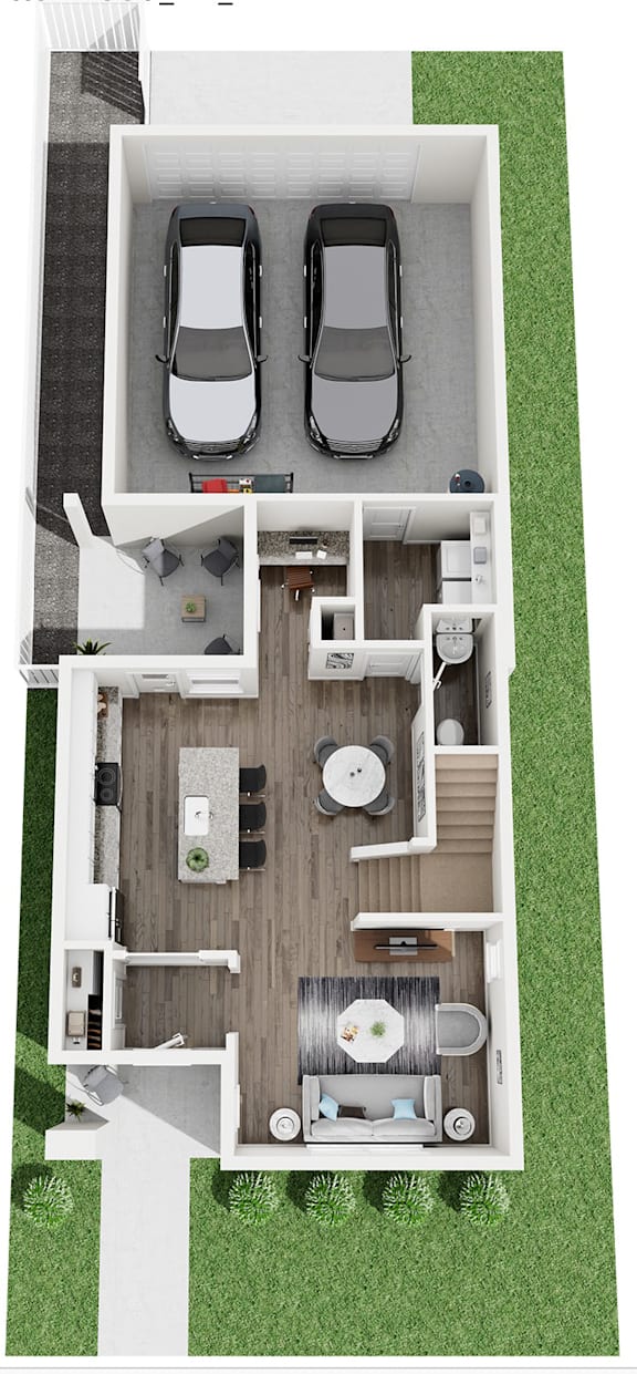 A top-down view of a house with two cars parked in the driveway.