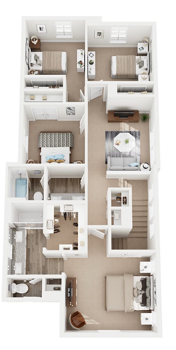 A floor plan of a two-story apartment with a living room, kitchen, and bedrooms.