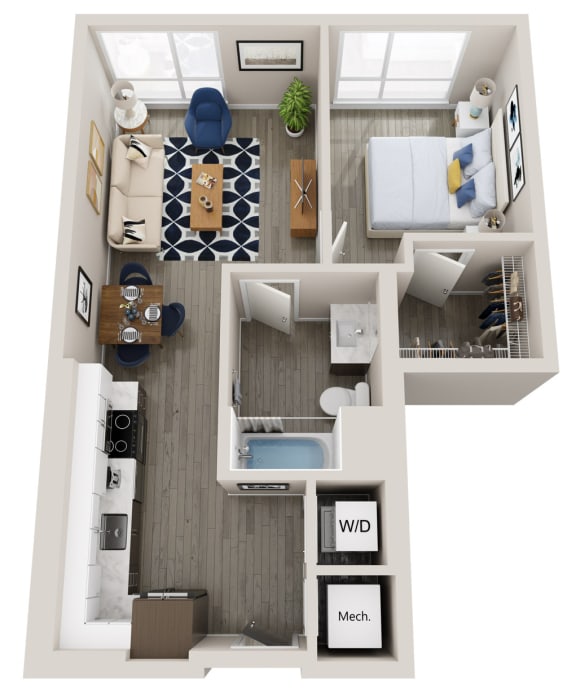 Emerald A2 1 bed 1 bath 600 square feet floor plan