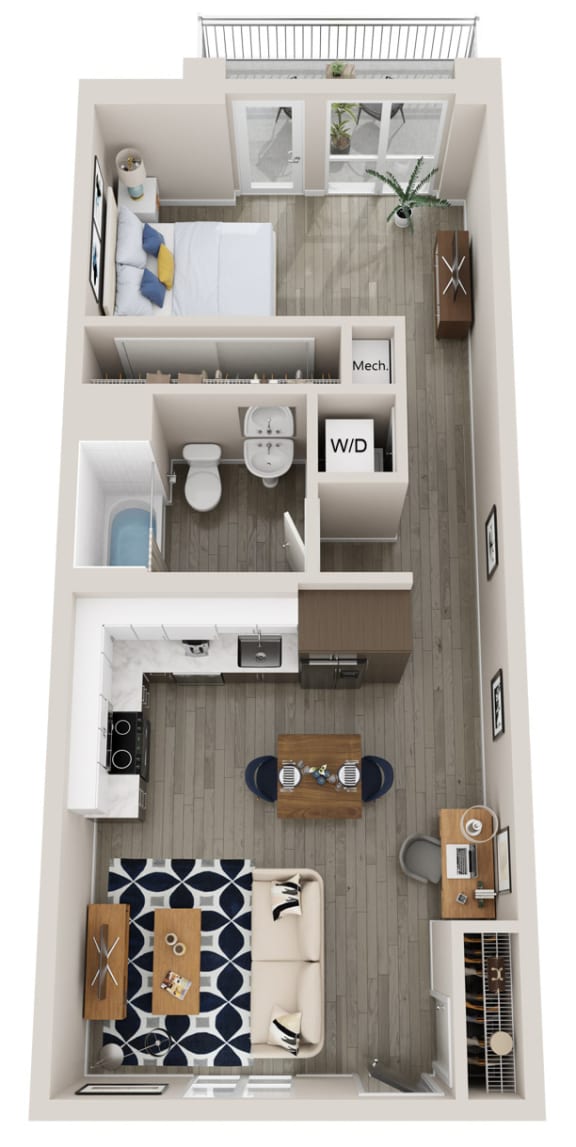 Emerald A3 1 bed 1 bath 623 square foot floor plan