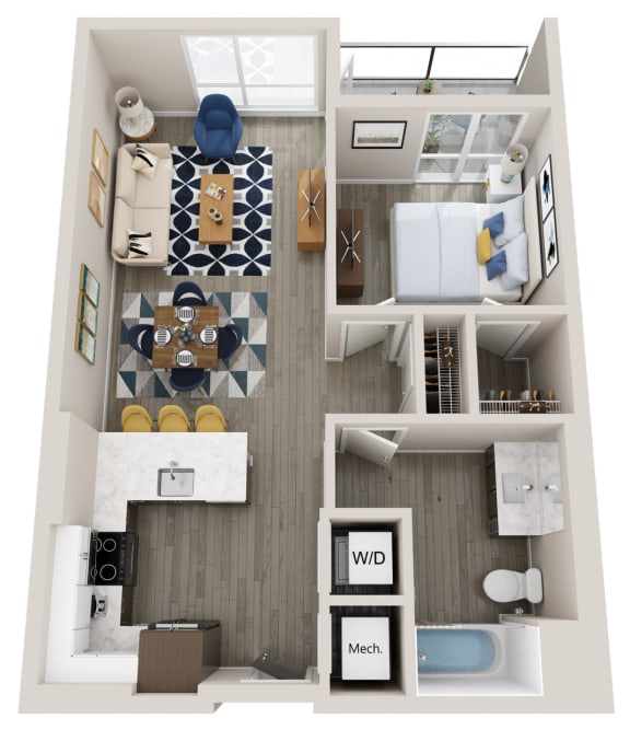 Emerald A4 1 bed 1 bath 656 square foot floor plan