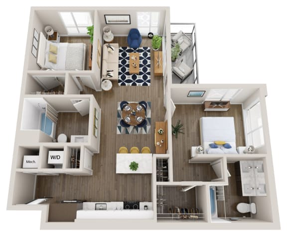 Emerald B3 2 Bed 2 Bath 990 Square Foot Floor Plan