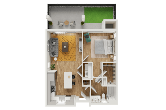 Floor Plan  A top-down view of a small apartment layout with a kitchen, living room, and bedroom.