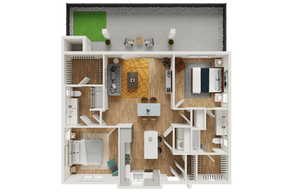 Floor Plan  A top-down view of a house layout with a kitchen, living room, and bedrooms.