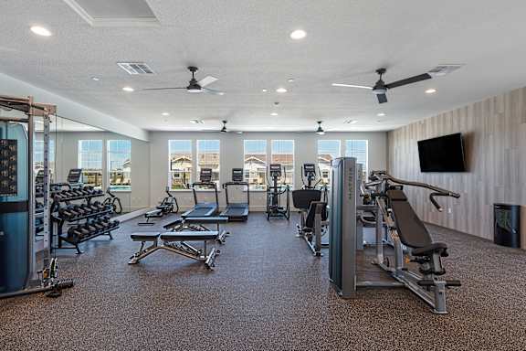 A spacious gym with a variety of equipment including treadmills, weight machines, and a television.