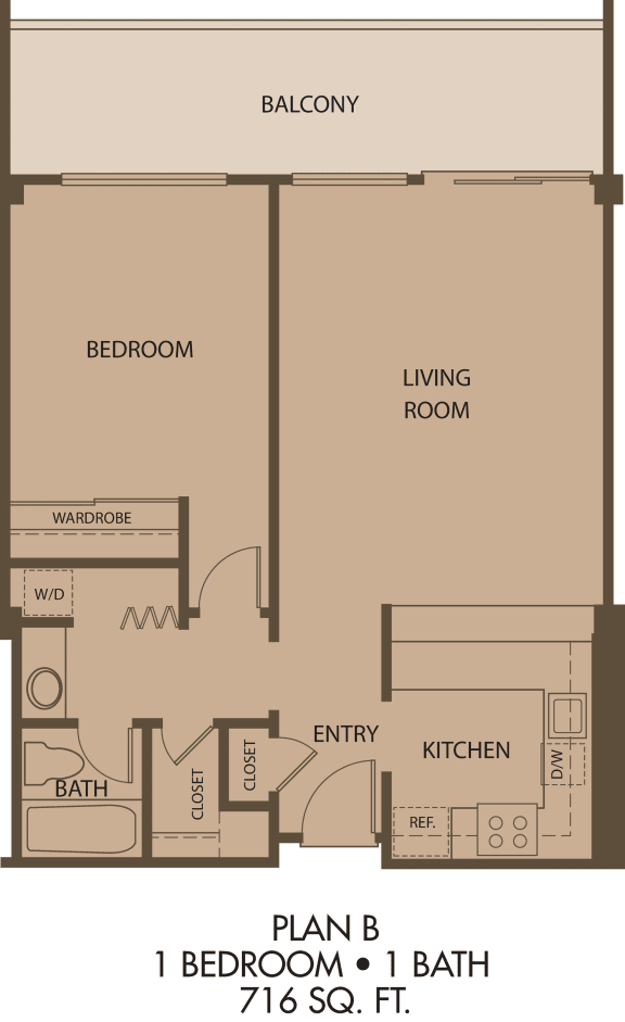 B  – 1 Bedroom 1 Bath Floor Plan Layout – 716 Square Feet (Colored)