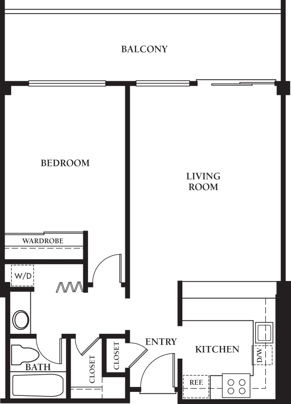 B  – 1 Bedroom 1 Bath Floor Plan Layout – 716 Square Feet (Black and White)