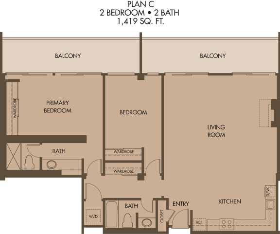 C  – 2 Bedroom 2 Bath Floor Plan Layout – 1419 Square Feet (Colored)