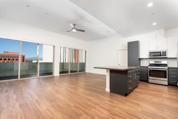 Pent house with kitchen, wood style flooring and large windows at Imperial Hardware Lofts, California, 92501