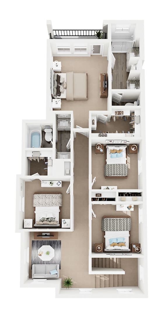 A top-down view of a two-story apartment layout.