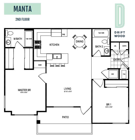 Manta 2nd Floor - 2 Bedroom 2 Bath Floor Plan Layout - 1025 Square Feet at Driftwood, San Diego, 92109