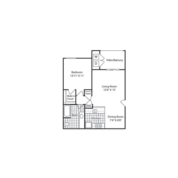A – 1 Bedroom 1 Bath Floor Plan Layout – 670 Square Feet at Mission Trails Apartments San Diego, San Diego, CA, 92119