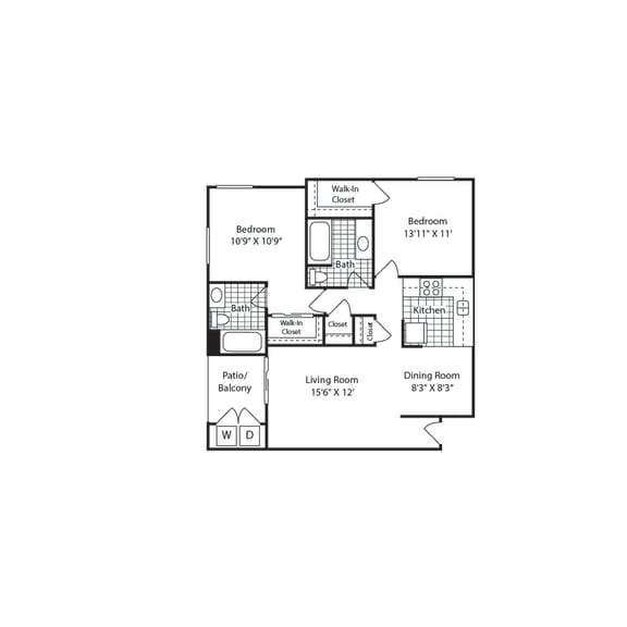 B – 2 Bedroom 2 Bath Floor Plan Layout – 897 Square Feet at Mission Trails Apartments San Diego, San Diego, California