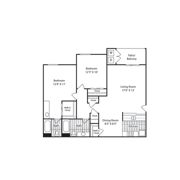 C – 2 Bedroom 2 Bath Floor Plan Layout – 995 Square Feet at Mission Trails Apartments San Diego, San Diego, CA