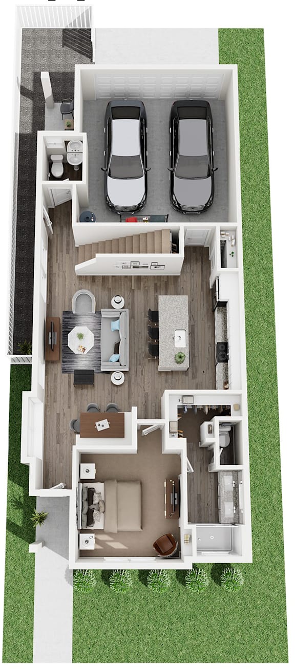 A top-down view of a house with two bedrooms, a living room, a kitchen, and a garage.