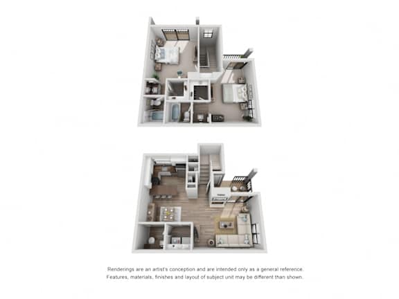 B and C - 2 Bedroom 2.5 Bath Floor Plan Layout - 1180 Square Feet