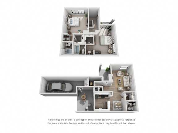 D - 2 Bedroom 2.5 Bath Floor Plan Layout - 1200 Square Feet
