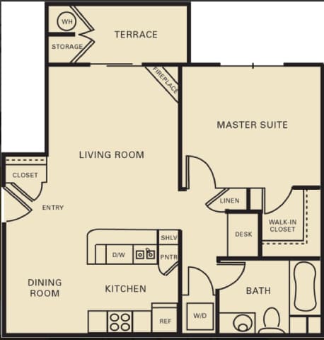 A floor plan of a house with a living room, dining room, kitchen, bathroom, and master suite.