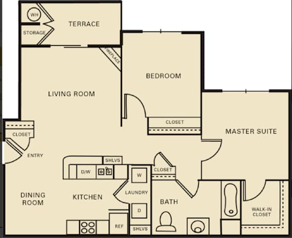 A floor plan of a house with a living room, dining room, kitchen, bedroom, bathroom, and terrace.