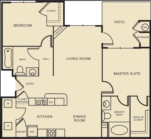 A floor plan of a house with a living room, kitchen, and master suite.