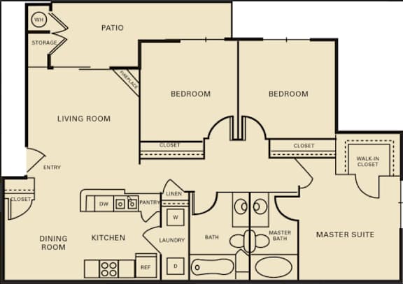 A floor plan of a house with two bedrooms, a living room, a dining room, a kitchen, a laundry room, a pantry, a master suite with a master bath, and a patio.