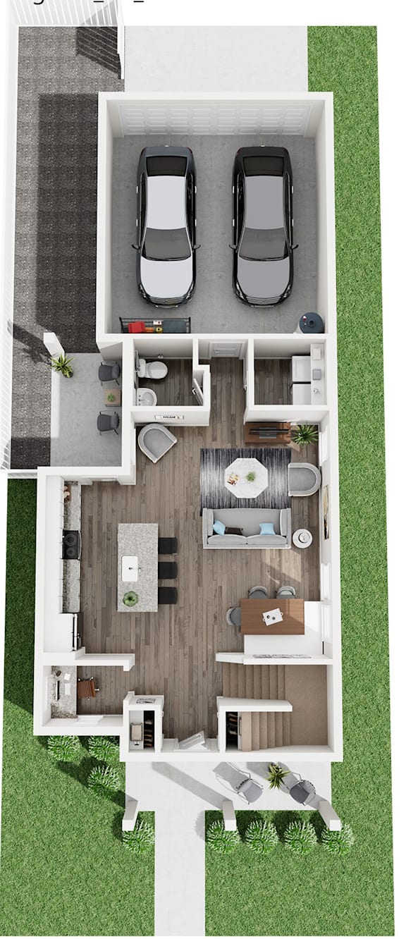 A top-down view of a house with two cars parked in the garage.