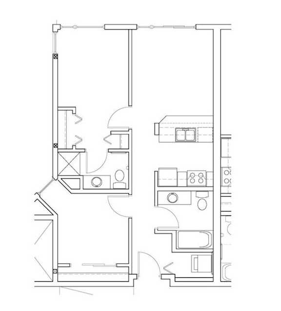 Two bedroom floor plan with galley kitchen at Eastlake 2851 Apartments, Seattle