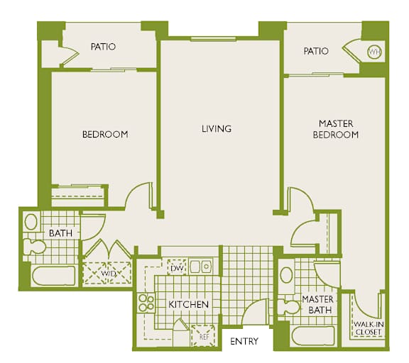 A floor plan of a house with a living room, kitchen, two bedrooms, a bathroom, and a walk-in closet.