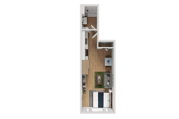 3D floor plan with bedroom bathroom and living area at Noda Apartments, Seattle, 98101
