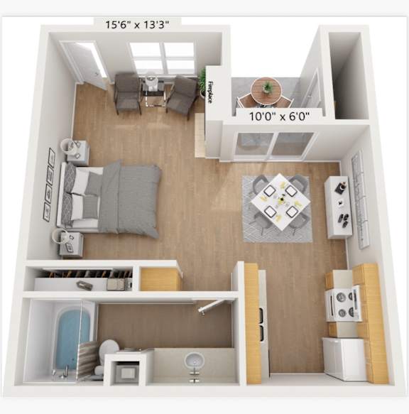 A 15'6" x 13'3" floor plan of a small apartment with a kitchen, living room, and bedroom.