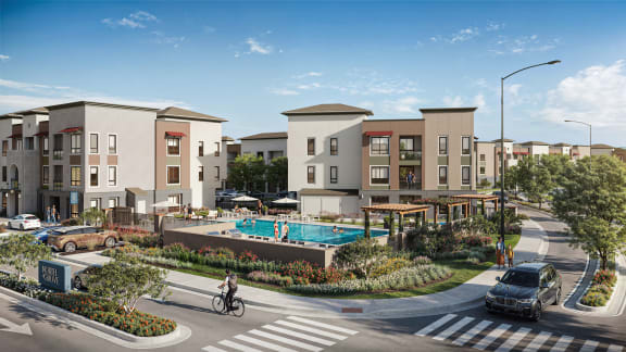 a rendering of an apartment complex with a swimming pool at North Grove, California