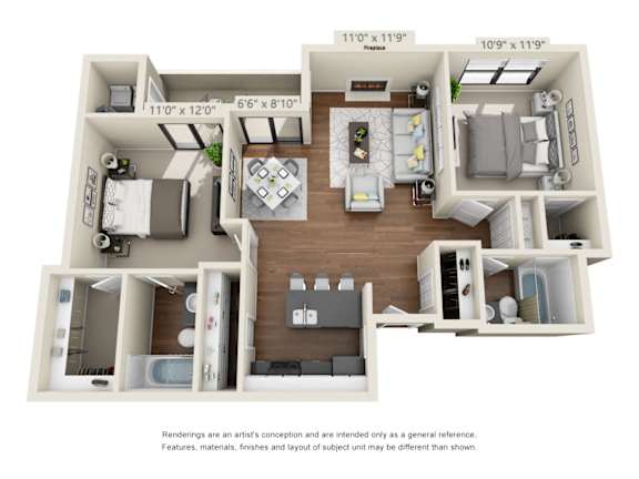 2 Bedroom 2 Bath Floor Plan Layout – 911 Square Feet at Salado Springs, Tempe, AZ, Arizona