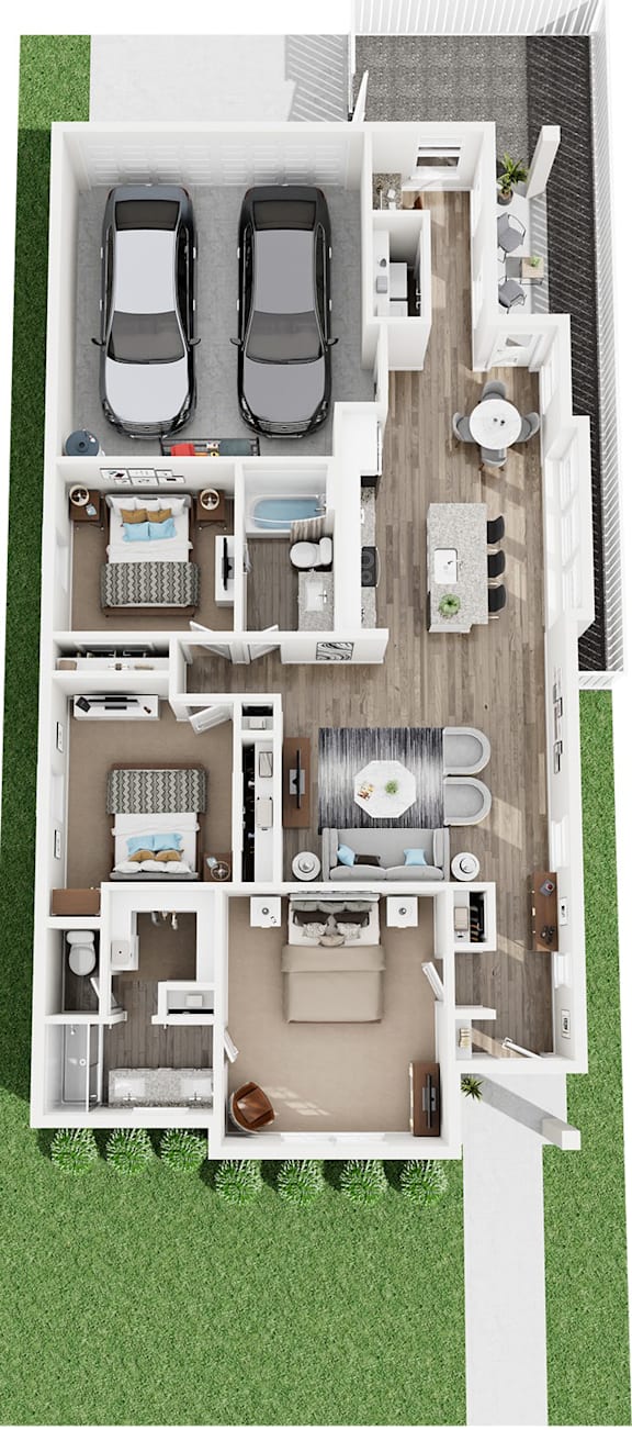 A floor plan of a house with two bedrooms, a living room, a kitchen, and a garage.