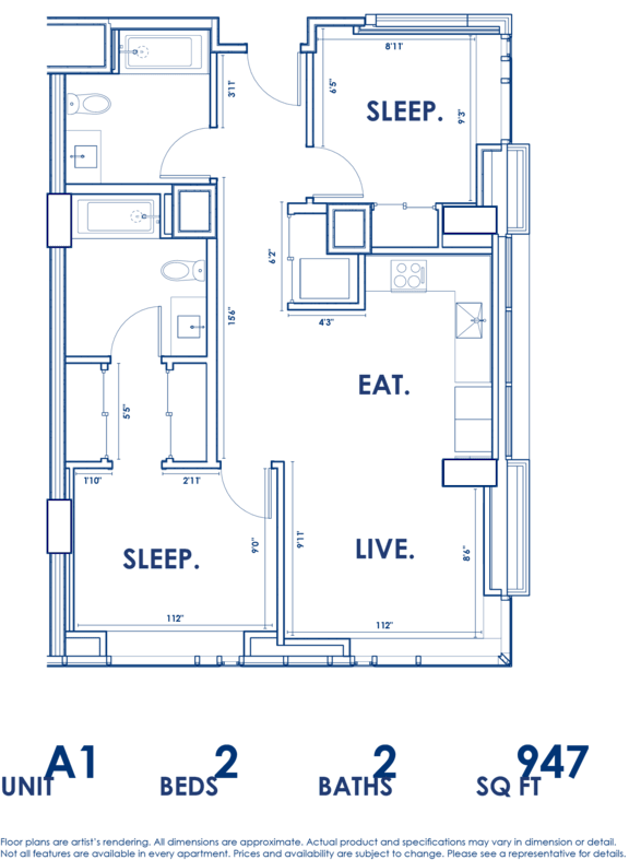 A floor plan of a house with two bedrooms, two bathrooms, a living room, and a kitchen.