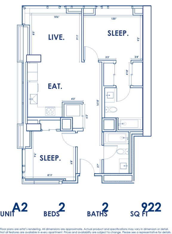 A floor plan of a two bedroom apartment with a living room, kitchen, and bathrooms.