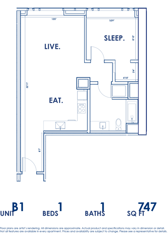 A floor plan of a small apartment with a living room, a sleeping area, a kitchen, and a bathroom.