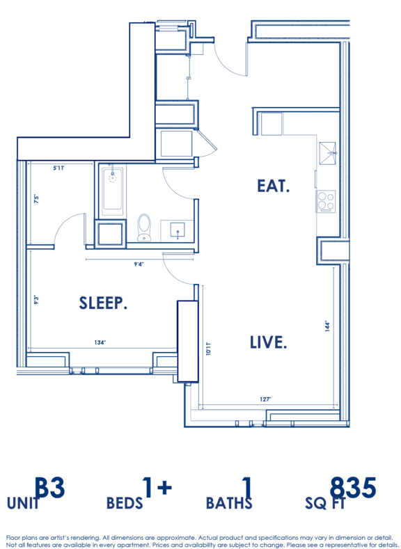 A floor plan of a unit with a living room, a bedroom, and a bathroom.