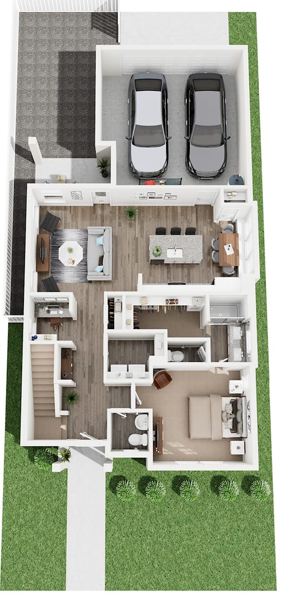 A floor plan of a house with two bedrooms, a living room, a kitchen, and a garage.