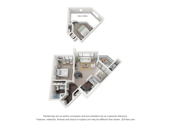 a stylized floor plan with a bedroom and a living room at Vaseo Apartments, Phoenix, AZ