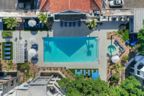a birds eye view of a resort with a swimming pool at Vaseo Apartments, Phoenix, AZ 85022