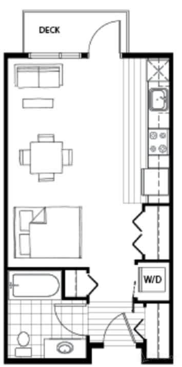STC1 Studio floor plan with deck and kitchen at Axis Seattle Apartments, Seattle