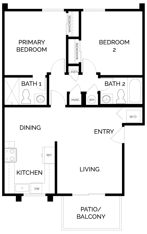 Santa Fe - 2 Bedroom 2 Bath Floor Plan Layout - 850 Square Feet at Sunstone Place, Riverside, CA