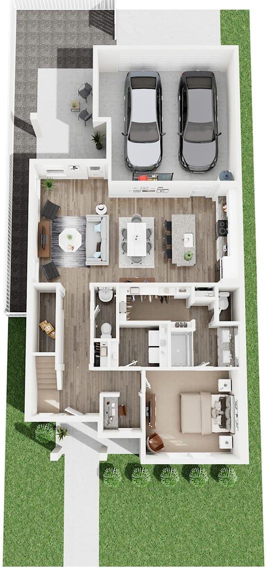 A top-down view of a house with two cars parked in the garage.