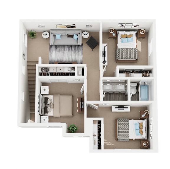 A top-down view of a small apartment with a bedroom, living room, kitchen, and bathroom.