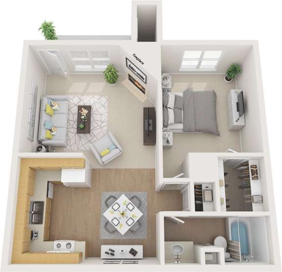 A 3D model of a house with various rooms and furniture.