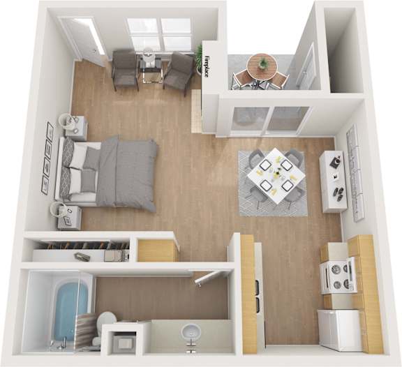 A 3D floor plan of a small apartment with a kitchen, living room, and bedroom.