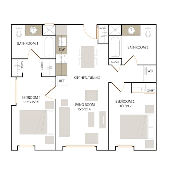 C1 floor plan - 2 bed 2 bath