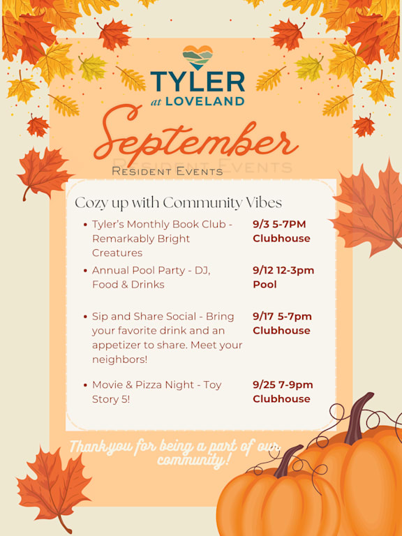 A poster advertising September resident events at Tyler at Loveland, featuring a list of activities and a thank you note.